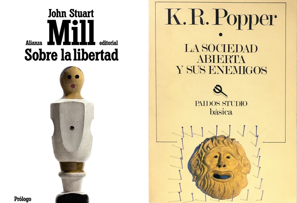 Portadas de los libros "Sobre la libertad" (1859) de John Stuart Mill y "La sociedad abierta y sus enemigos" (1945) de Karl Popper.